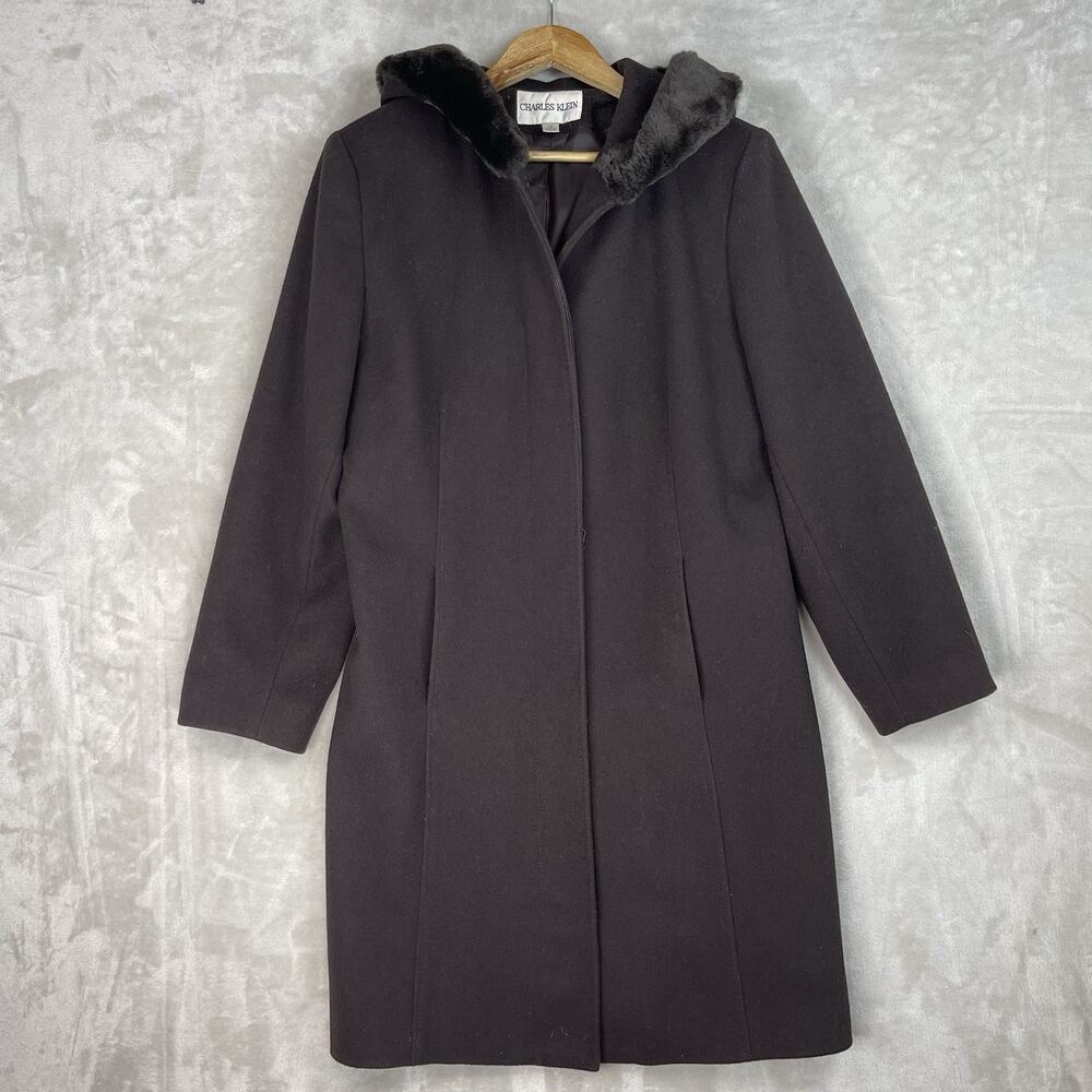 Charles Klein Vintage 90s Wool Hooded Coat Faux Fur Trim Women's 14 Mob Wife